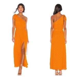 PRIVACY PLEASE Blake Polka Dot Tie Shoulder Maxi Dress in Orange & White